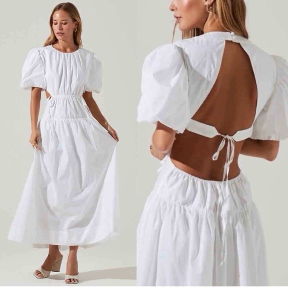 NWT ASTR the label Shelby Puff Sleeve White Open-Back Maxi Dress, Sz M